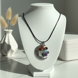 Silver Crescent Moon Chakra Stone Pendant Necklace – Boho Celestial